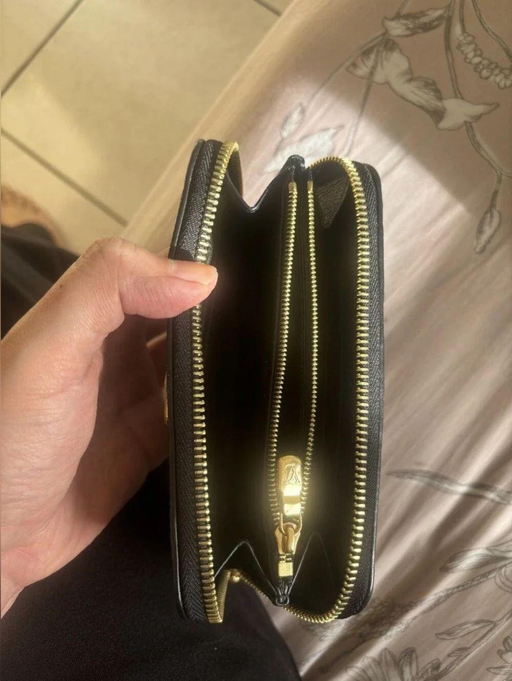 Louis Vuitton Black Embossed Monogram Zip Wallet with Gold Plate Accent